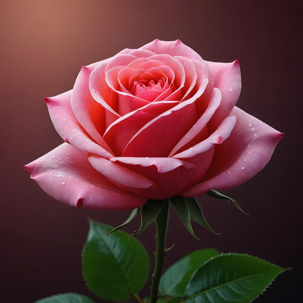a pink rose with water droplets on it's petals and leaves on a dark background with a pink background, rococo, a 3D render, Carlos Trillo Name, roses
