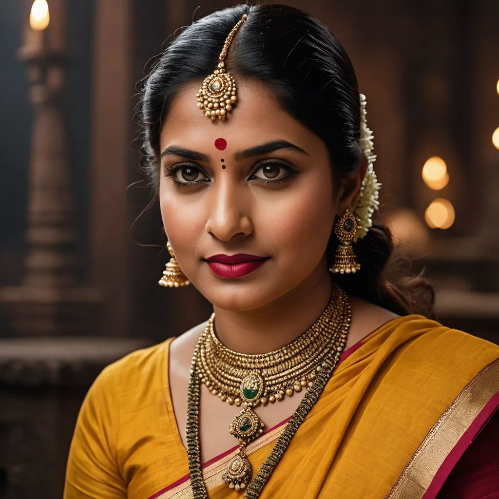 a woman wearing a yellow sari and a necklace with a red lip ring and a gold necklace with a green and red pendant, samikshavad, a colorized photo, Ella Guru, promotional image