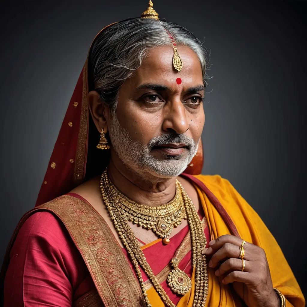 a man in a yellow and red outfit with a red and gold necklace and a red and gold sari, samikshavad, a character portrait, Bholekar Srihari, portrait photography