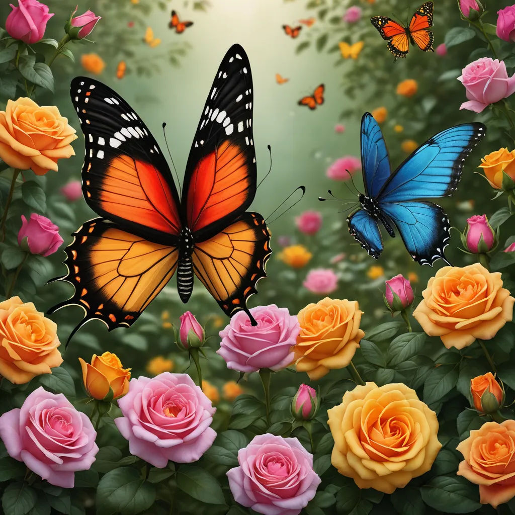 a painting of a butterfly and roses in a garden with a green background and a yellow rose in the foreground, magic realism, a digital rendering, Anne Stokes, highly detailed digital painting