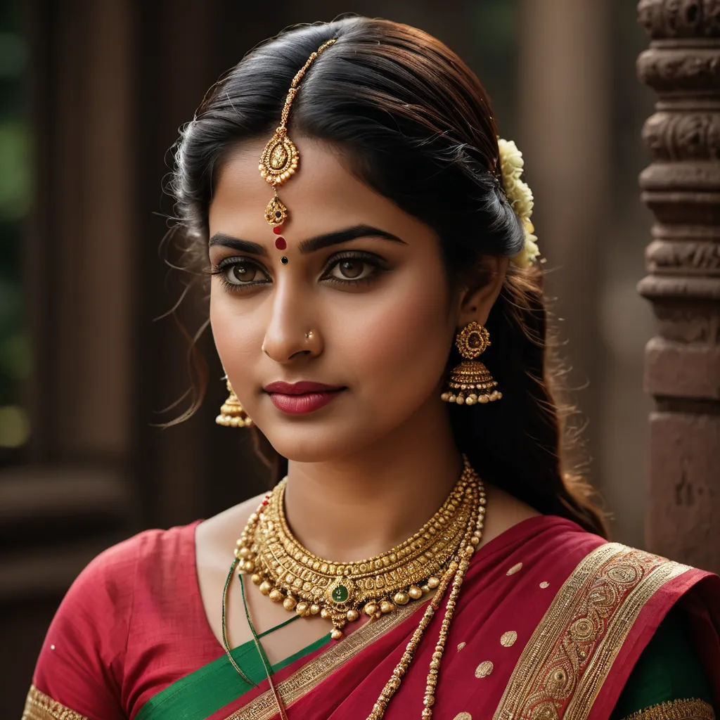 a woman wearing a red and green sari and gold jewelry with a green blouse and gold necklace and earrings, samikshavad, a photorealistic painting, Ella Guru, promotional image
