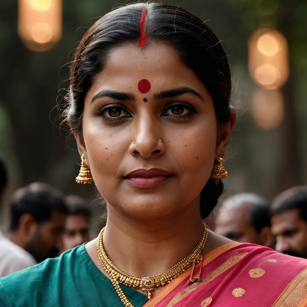 a woman in a green and pink sari with a red nose ring and a gold necklace on her neck, samikshavad, a character portrait, Ella Guru, movie still frame