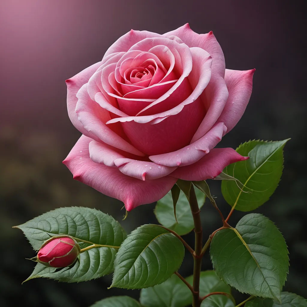 a pink rose with green leaves on a dark background with a blurry background behind it and a pink rose with green leaves on a dark background, gothic art, a photorealistic painting, Carlos Trillo Name, roses