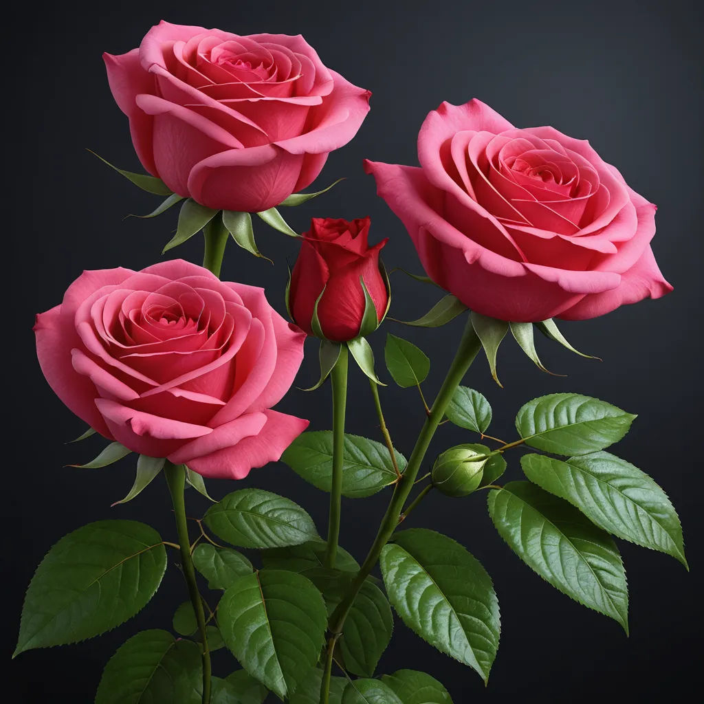 three pink roses with green leaves on a black background with a black background behind them and a black background behind them, photorealism, a raytraced image, Anna Maria Barbara Abesch, roses