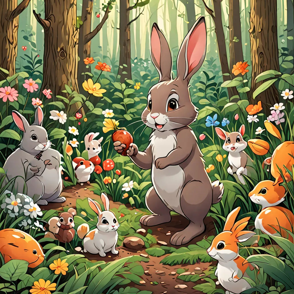 a rabbit and her babies in the forest with flowers and butterflies around them, and a forest scene with flowers and trees, furry art, a storybook illustration, Dan Mumford, rossdraws global illumination