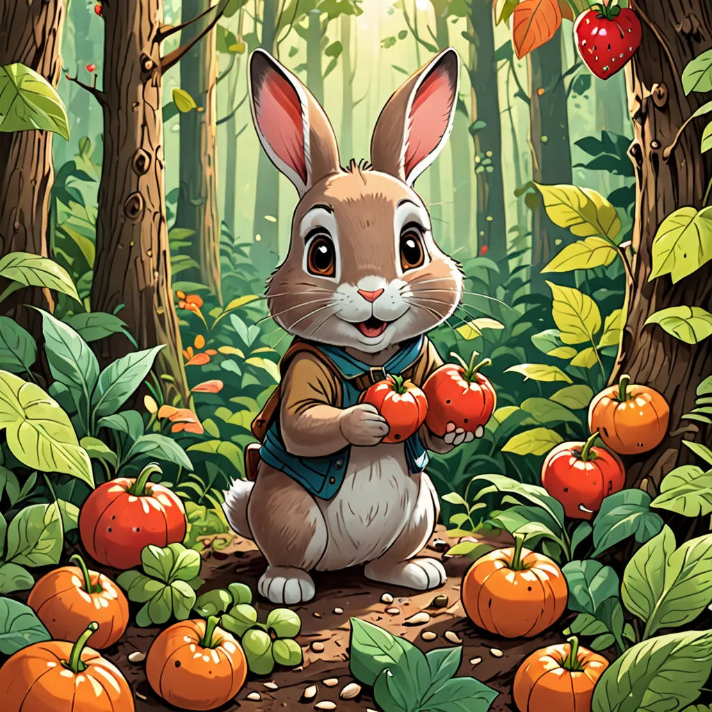 a rabbit holding a heart in a forest filled with fruit and vegetables, with a forest background with oranges and berries, furry art, a storybook illustration, Dan Mumford, rossdraws global illumination