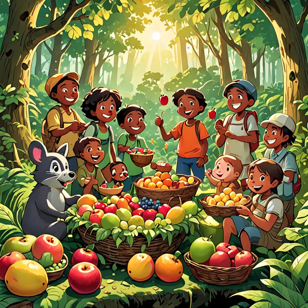 a group of children standing around a basket of fruit in the forest with a forest background and a forest scene, primitivism, a storybook illustration, Ella Guru, promotional image
