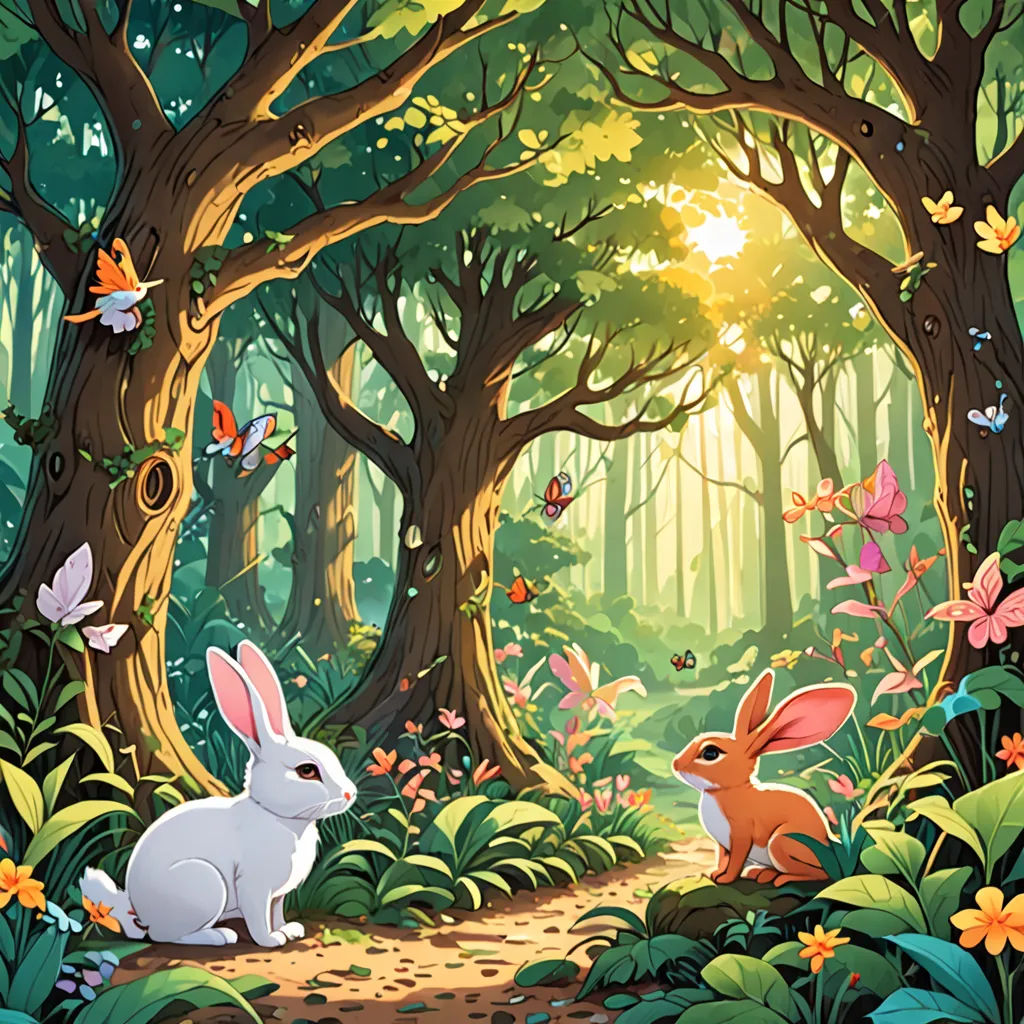 a painting of a forest with rabbits and butterflies in the trees and a path leading to a forest with butterflies, fantasy art, a storybook illustration, Chris LaBrooy, rossdraws global illumination