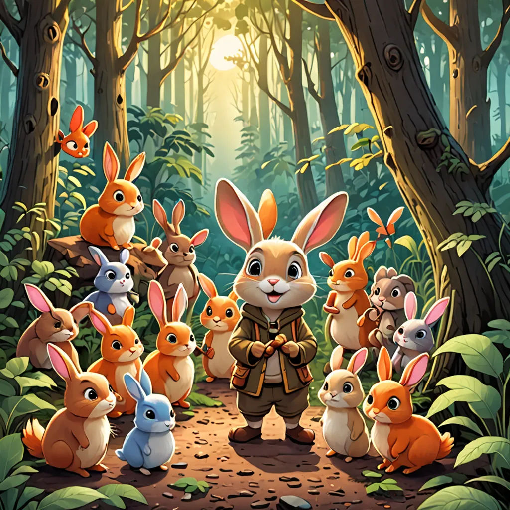 a group of rabbits standing in the woods with a man in the background with a forest background and a forest scene with a rabbit and a forest, furry art, a storybook illustration, Chris LaBrooy, rossdraws global illumination