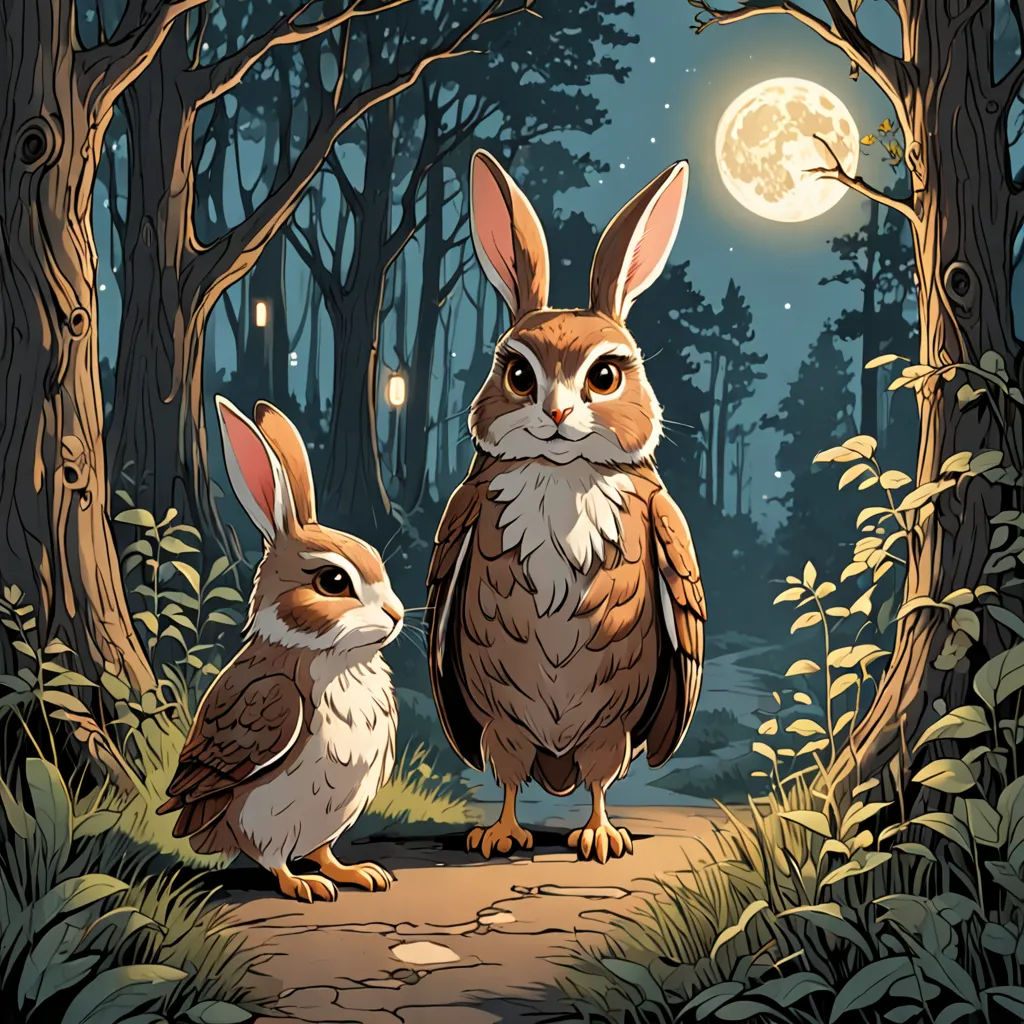 two rabbits are standing in the woods at night with a full moon in the background and a path leading to them, fantasy art, a storybook illustration, Dan Mumford, josan gonzales and dan mumford