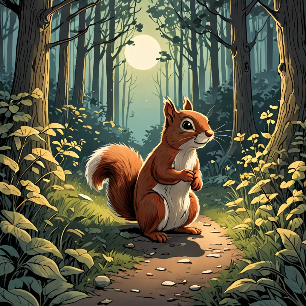 a squirrel is sitting on a path in the woods at night time with the sun shining through the trees, furry art, a storybook illustration, Chris LaBrooy, official art