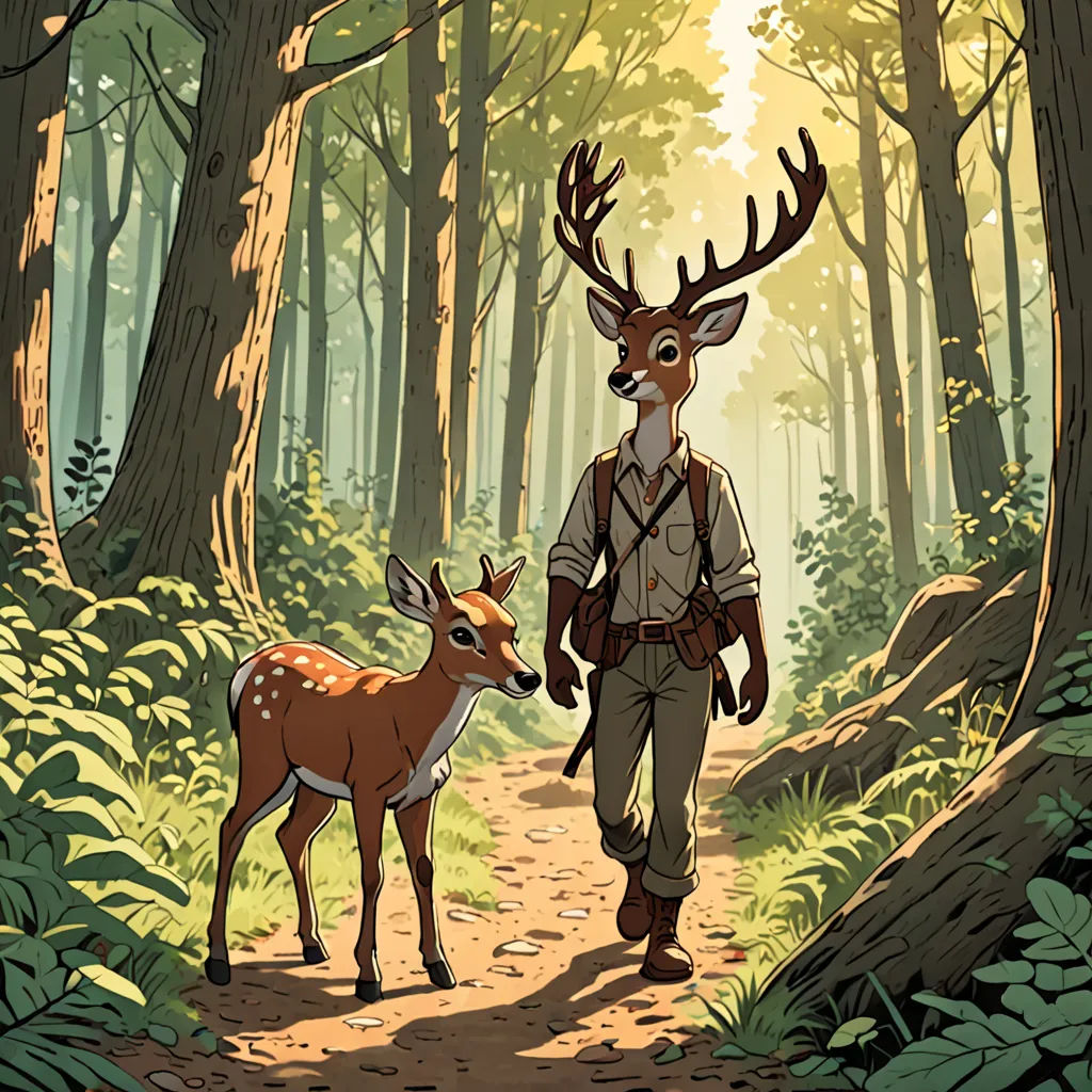 a man walking down a forest path with a deer on his back and a backpack on his shoulder,, furry art, a storybook illustration, Asaf Hanuka, cliff chiang