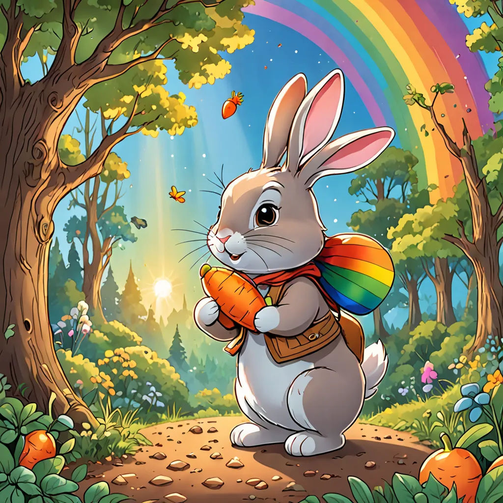 a rabbit holding a carrot in a forest with a rainbow in the background and a rainbow in the sky, furry art, a character portrait, Chris LaBrooy, official art