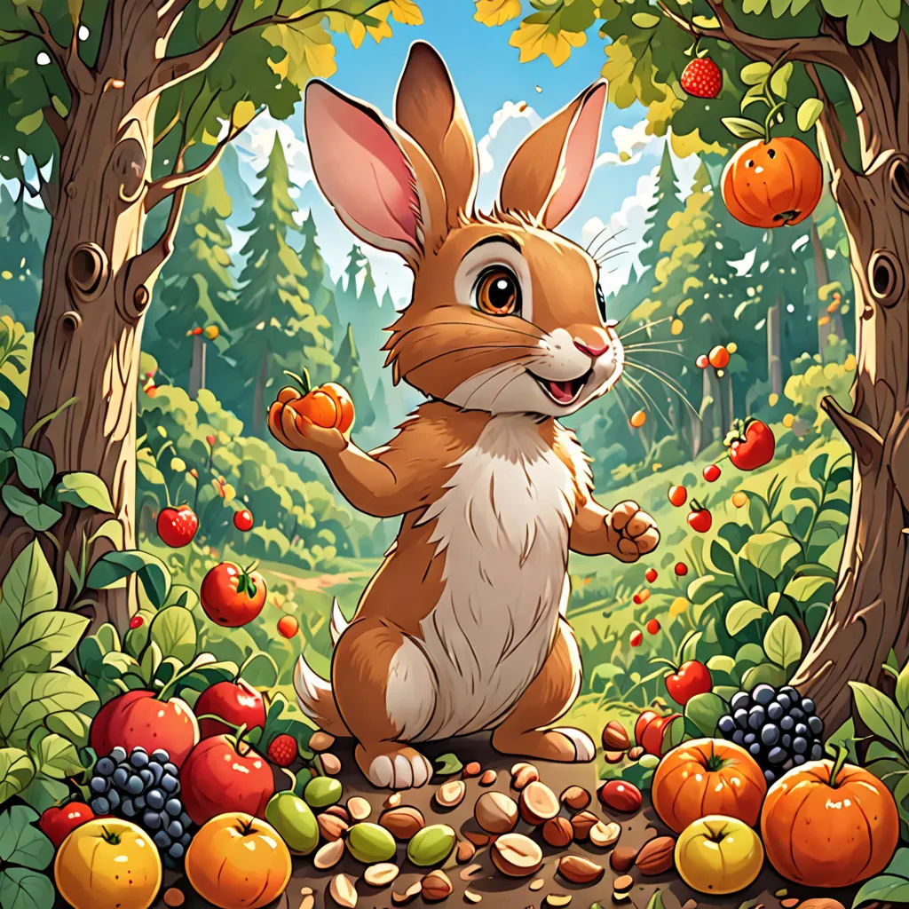 a cartoon rabbit is sitting in a forest surrounded by fruits and vegetables, and holding a carrot in his hand, furry art, a storybook illustration, Chris LaBrooy, official art