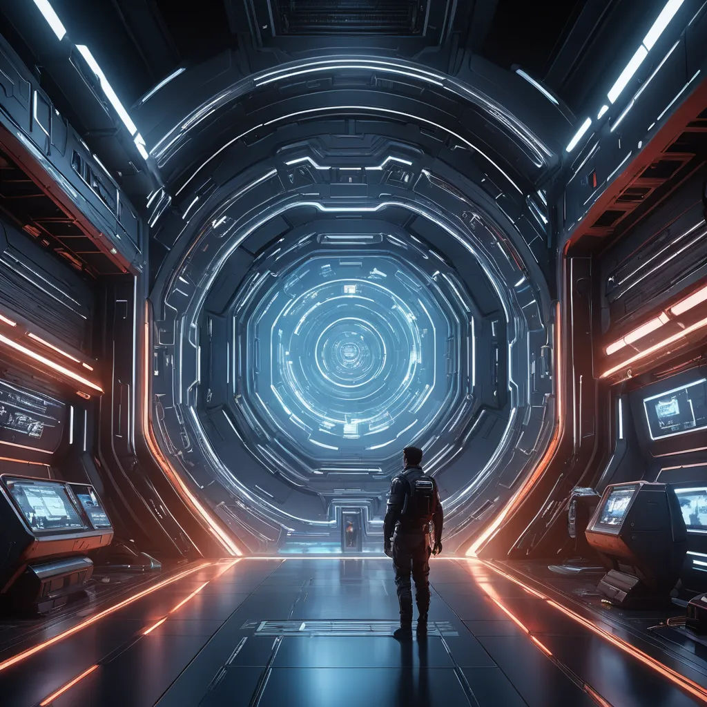 a man standing in a futuristic looking space station with neon lights and a circular tunnel in the background that is filled with monitors, space art, computer graphics, Eve Ryder, star citizen halo