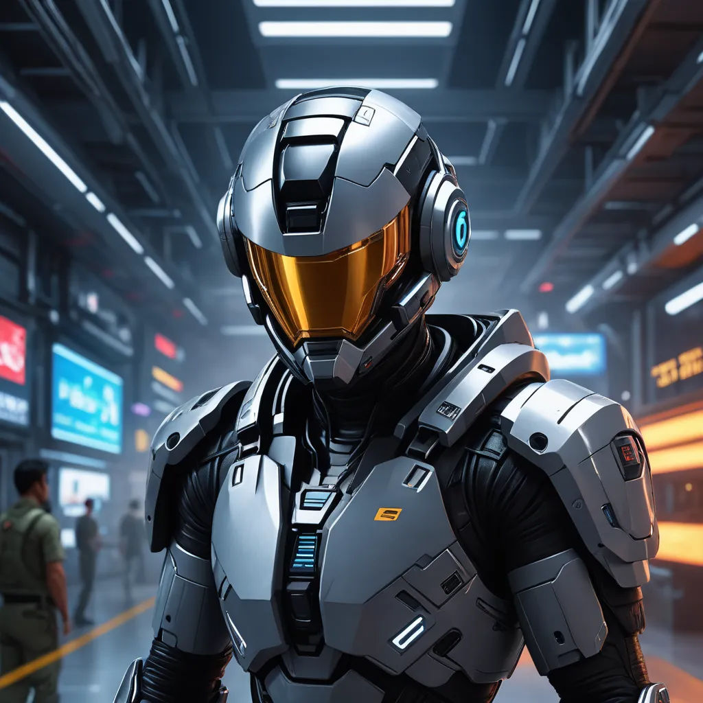 a man in a futuristic suit standing in a hallway with a helmet on and a gun in his hand, retrofuturism, concept art, Eve Ryder, unreal engine 5 highly rendered