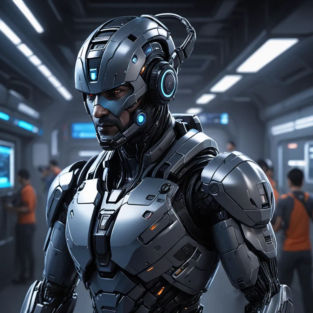 a man in a futuristic suit with headphones on in a hallway with people in the background and a robot in the foreground, futurism, a computer rendering, Eve Ryder, unreal engine 5 highly rendered