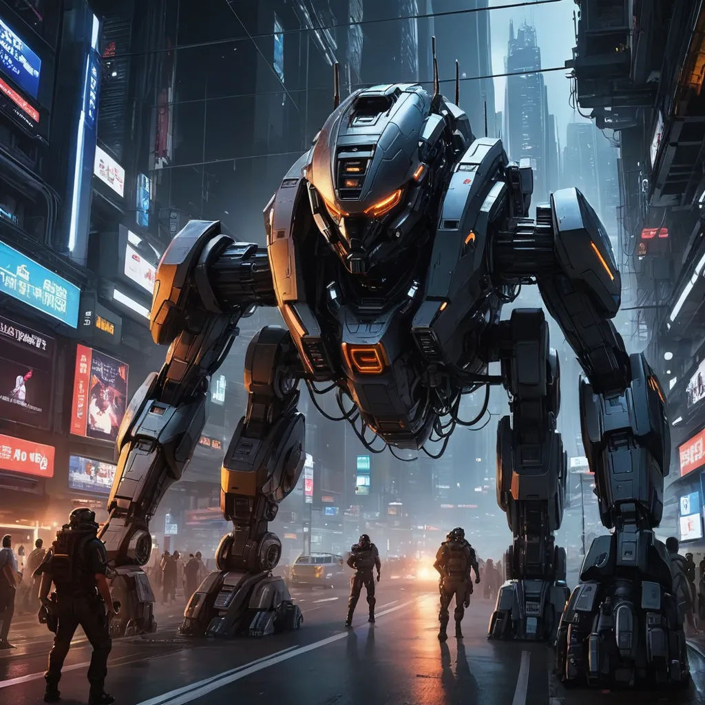 a futuristic city with a giant robot in the middle of the street and people walking around it in the foreground, futurism, cyberpunk art, Beeple, 8 k concept art