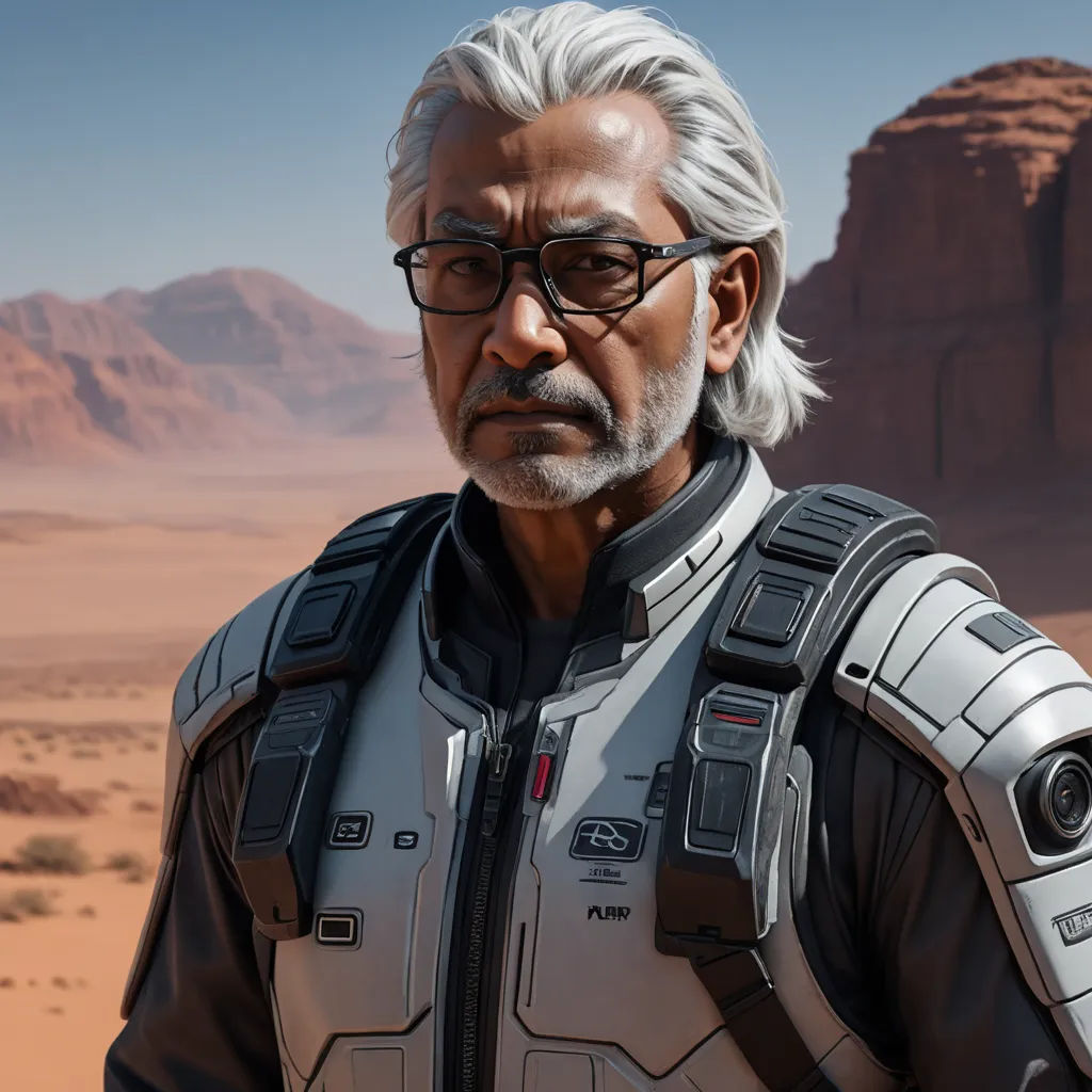 a man in a futuristic suit standing in the desert with mountains in the background and a desert landscape in the background, photorealism, a character portrait, Eddie Mendoza, unreal engine highly rendered