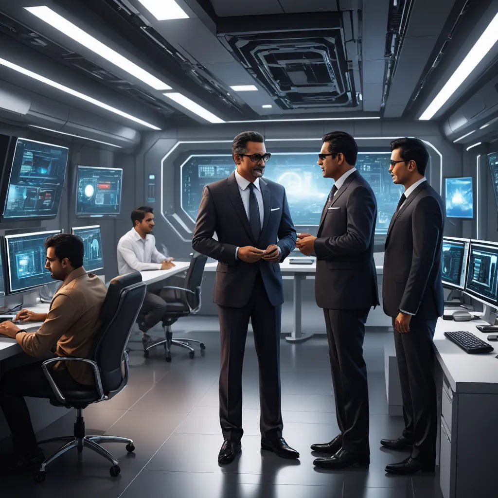 a group of men in suits standing around a computer room with monitors on the walls and a man in a suit talking to two men in a suit, les automatistes, a stock photo, Chris LaBrooy, promotional image