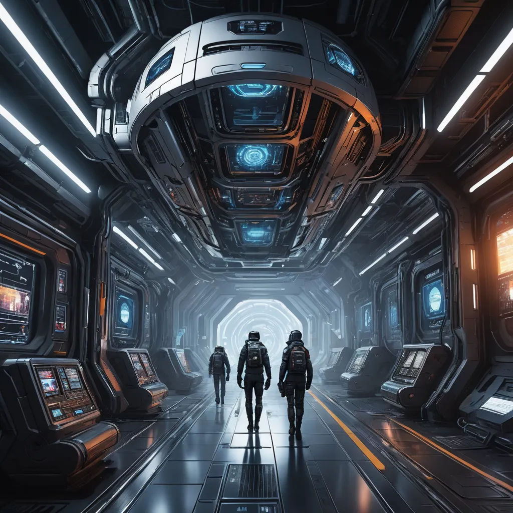 a group of people walking through a sci - fi tunnel with lights on the ceiling and a clock on the wall, space art, concept art, Eve Ryder, star citizen halo