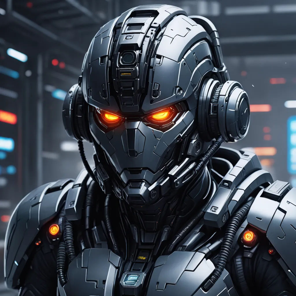 a robot with glowing eyes and a helmet on in a futuristic setting with other lights on the ceiling and a large building in the background, space art, a character portrait, Eve Ryder, unreal engine 5 highly rendered
