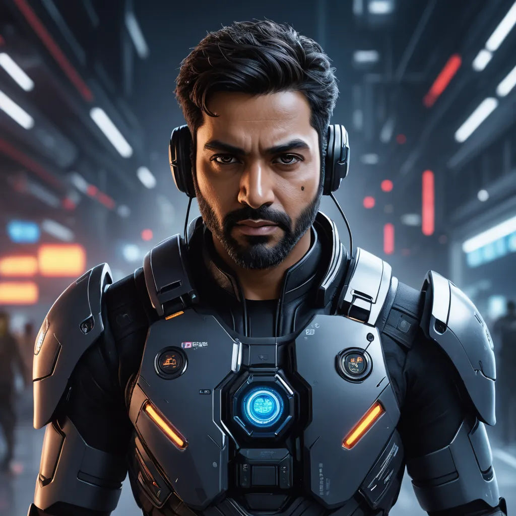 a man in a futuristic suit with headphones on his ears and a futuristic background with a neon light, samikshavad, a character portrait, Dan Luvisi, unreal 5