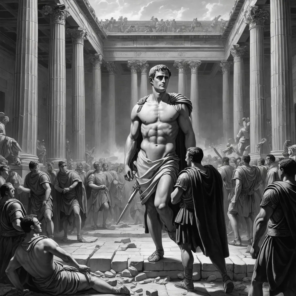 a painting of a man standing in front of a crowd of people with a sword in his hand and a man on the ground, neoclassicism, an ultrafine detailed painting, Alex Horley, highly detailed digital painting
