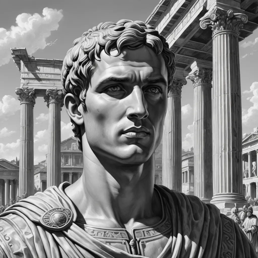 a black and white photo of a statue of a roman man with a temple in the background and clouds in the sky, classical realism, an ultrafine detailed painting, F. Scott Hess, highly detailed digital art