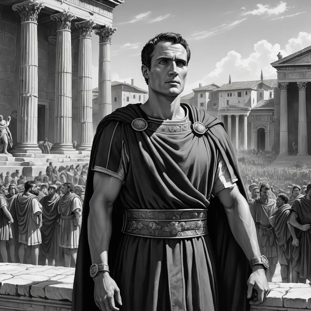 a man in a roman costume standing in front of a crowd of people in front of a building with columns, classical realism, a detailed matte painting, Anthony Palumbo, cinematic matte painting