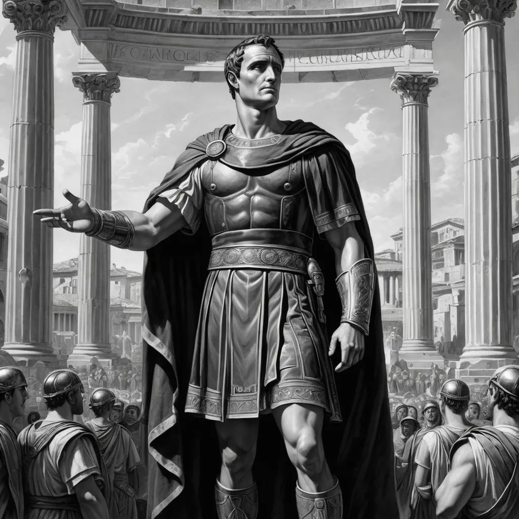 a man in a roman costume standing in front of a crowd of people in a roman temple with columns, classical realism, an ultrafine detailed painting, Carel Willink, official art