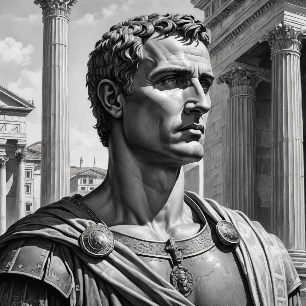 a black and white photo of a statue of a roman soldier in front of a building with columns and columns, classical realism, an ultrafine detailed painting, Carel Willink, highly detailed digital painting