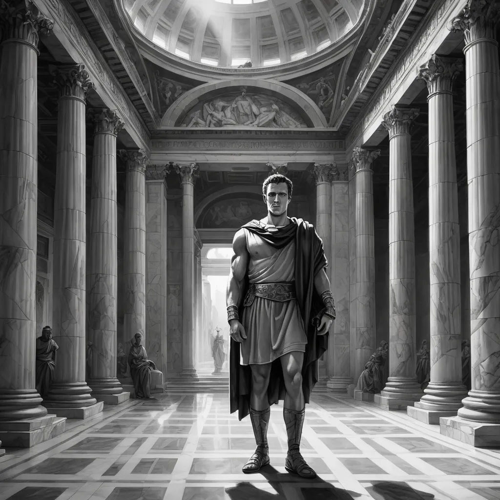 a man in a roman costume standing in a room with columns and a dome ceiling with a skylight, neoclassicism, a detailed matte painting, Clint Cearley, cinematic concept art