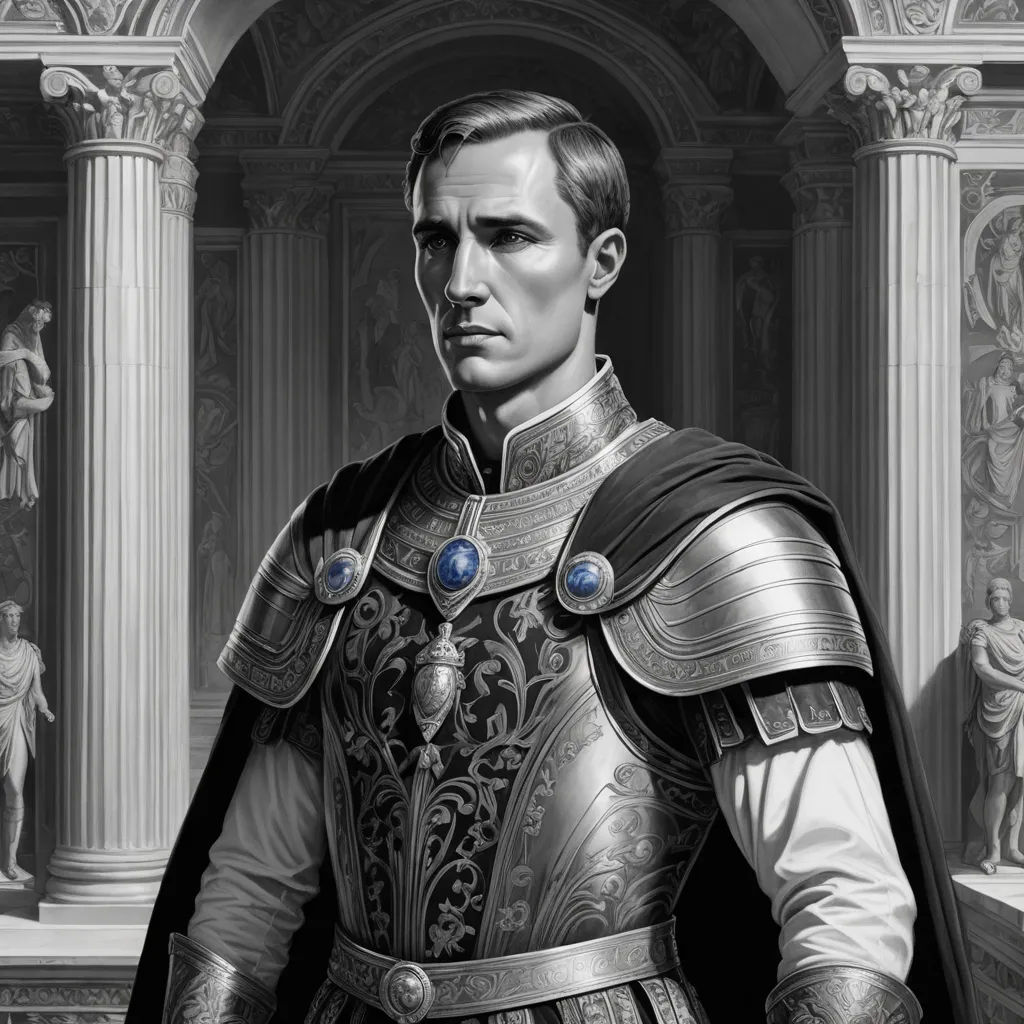 a man in a suit of armor standing in front of a building with columns and statues behind him,, sots art, an ultrafine detailed painting, Donato Giancola, epic fantasy character art