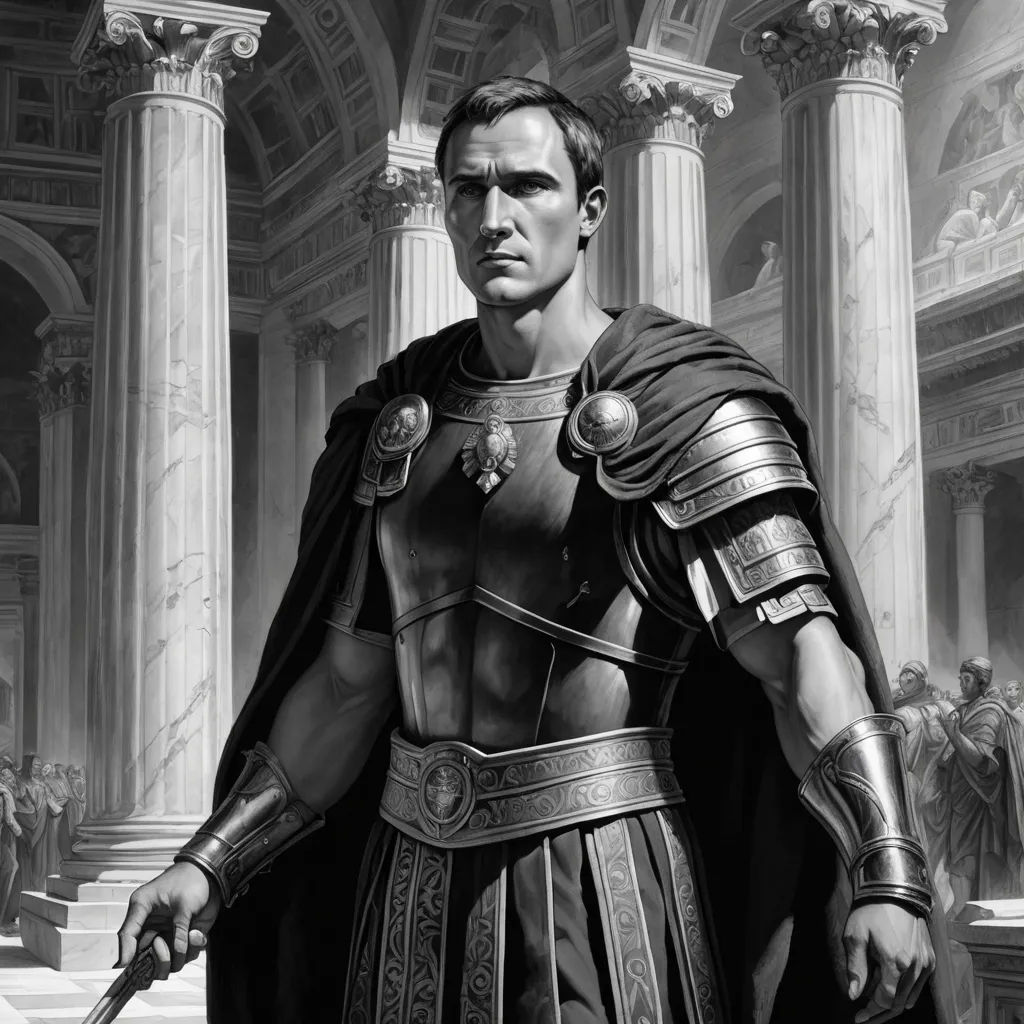 a man in a roman costume holding a sword and a sword in his hand in front of a building, antipodeans, an ultrafine detailed painting, Clint Cearley, epic fantasy character art