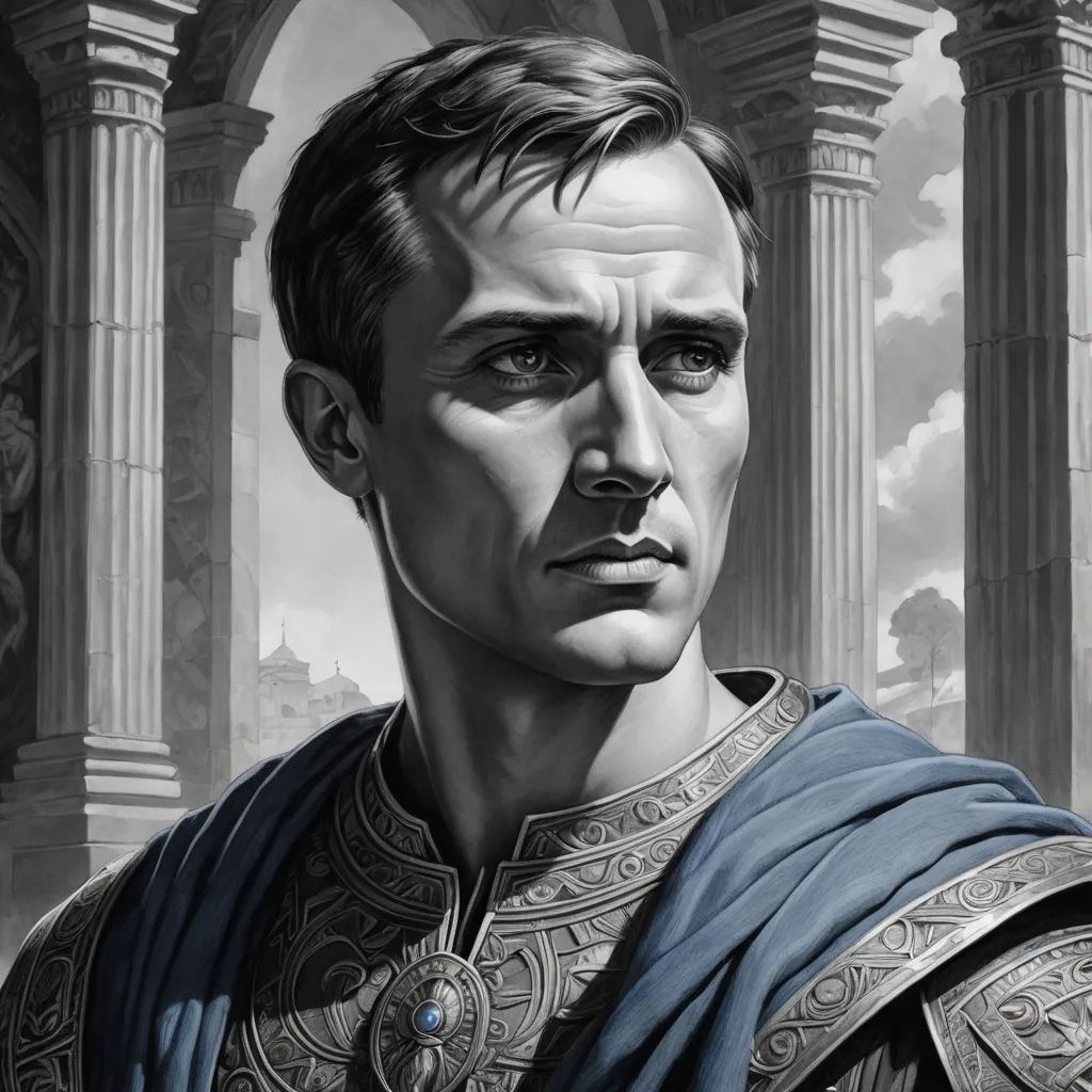 a painting of a man in a roman costume with a sword in his hand and a building in the background, sots art, an ultrafine detailed painting, Cedric Seaut (Keos Masons), epic fantasy character art