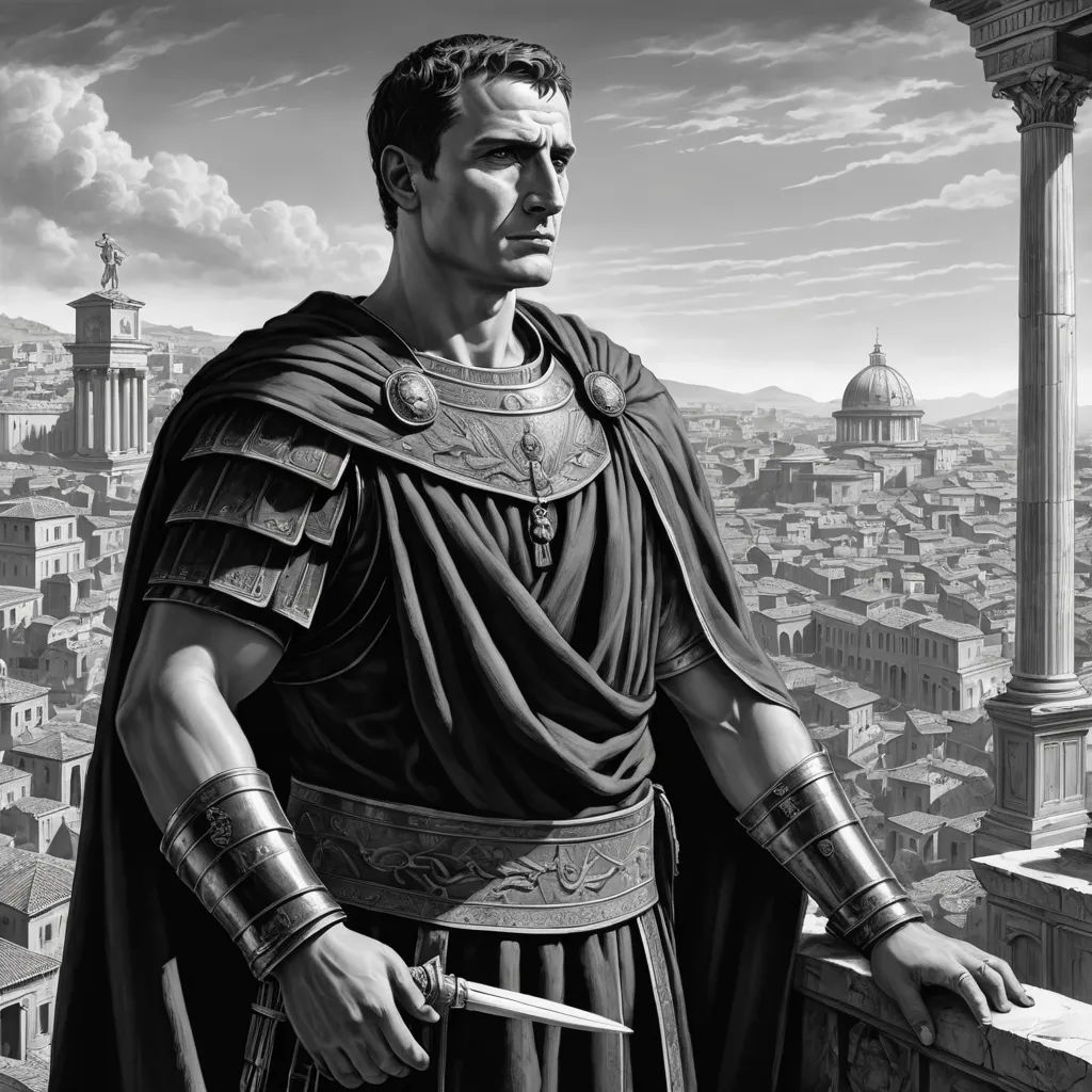 a man in a roman costume standing on a balcony with a sword in his hand and a city in the background, classical realism, an ultrafine detailed painting, Carel Willink, magic the gathering artwork