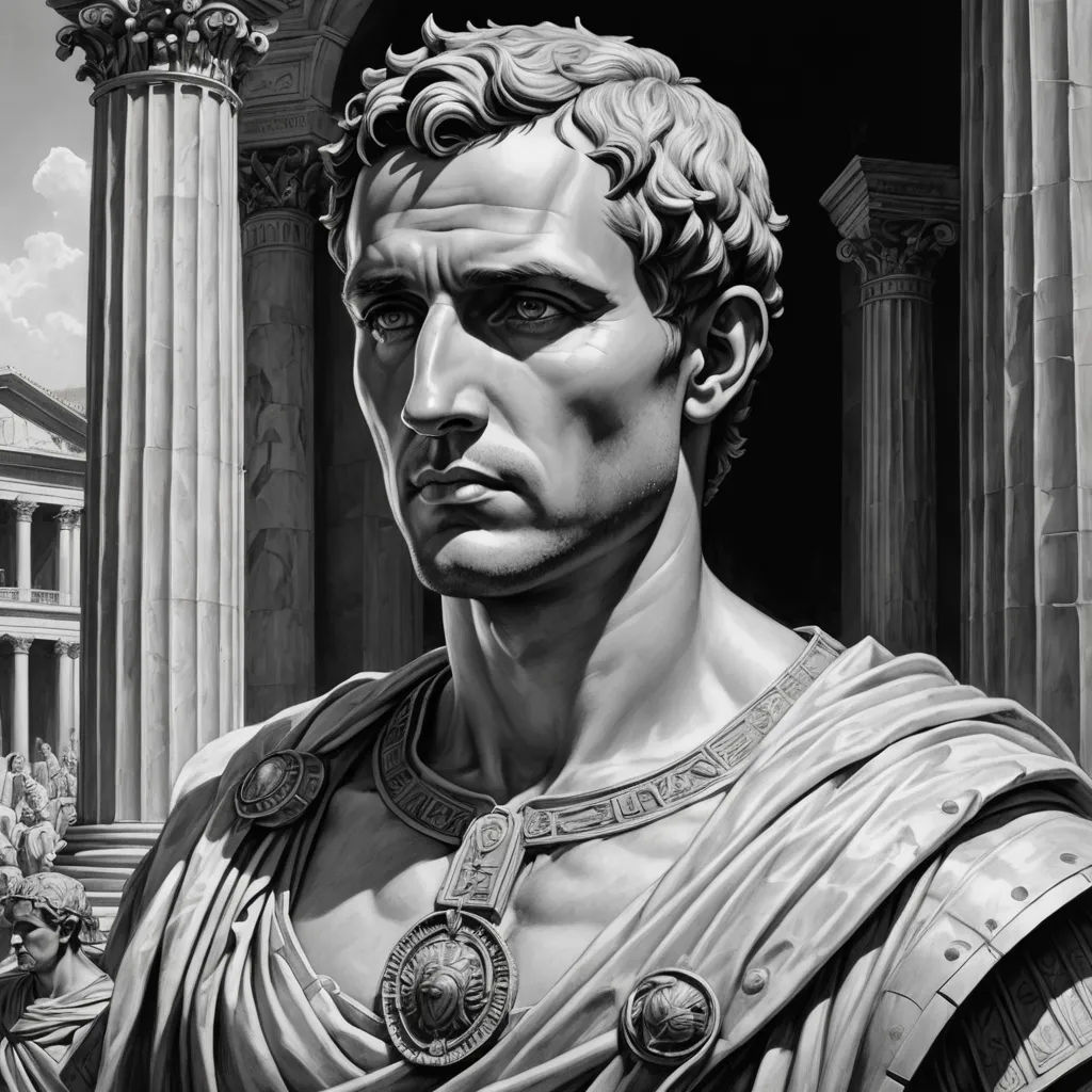a black and white drawing of a roman man in front of a building with columns and a clock on it, classical realism, an ultrafine detailed painting, Carel Willink, highly detailed digital painting