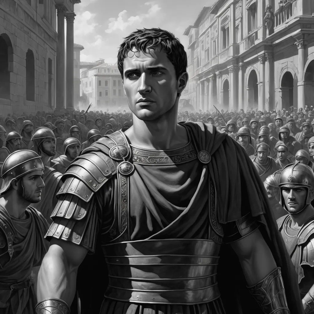 a man in a roman costume standing in front of a crowd of people in a city with a roman soldier, antipodeans, a detailed matte painting, David Palumbo, highly detailed digital painting