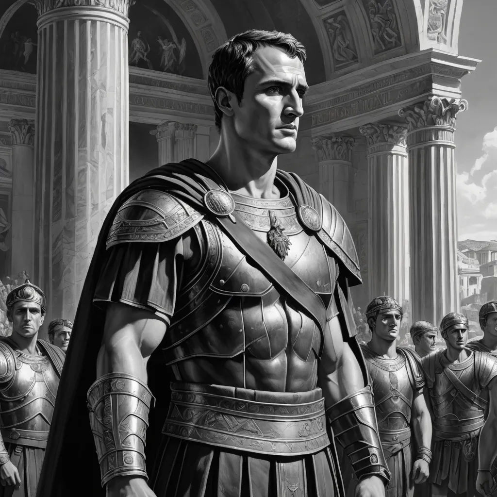 a man in a roman costume standing in front of a group of men in front of a building with columns, classical realism, an ultrafine detailed painting, David Palumbo, epic fantasy character art