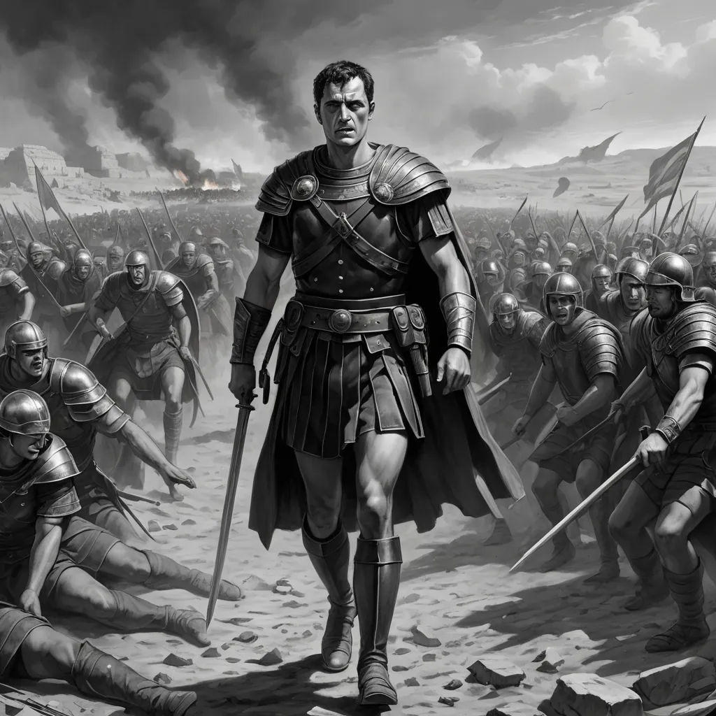 a man in a roman armor standing in front of a group of soldiers with swords and shields on his head, antipodeans, concept art, Clint Cearley, epic fantasy character art