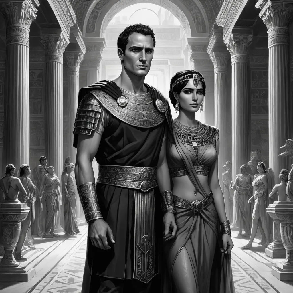a man and woman in ancient costumes standing in a hallway with columns and columns around them, with a crowd of people in the background, sots art, an ultrafine detailed painting, Edward Otho Cresap Ord, II, official art
