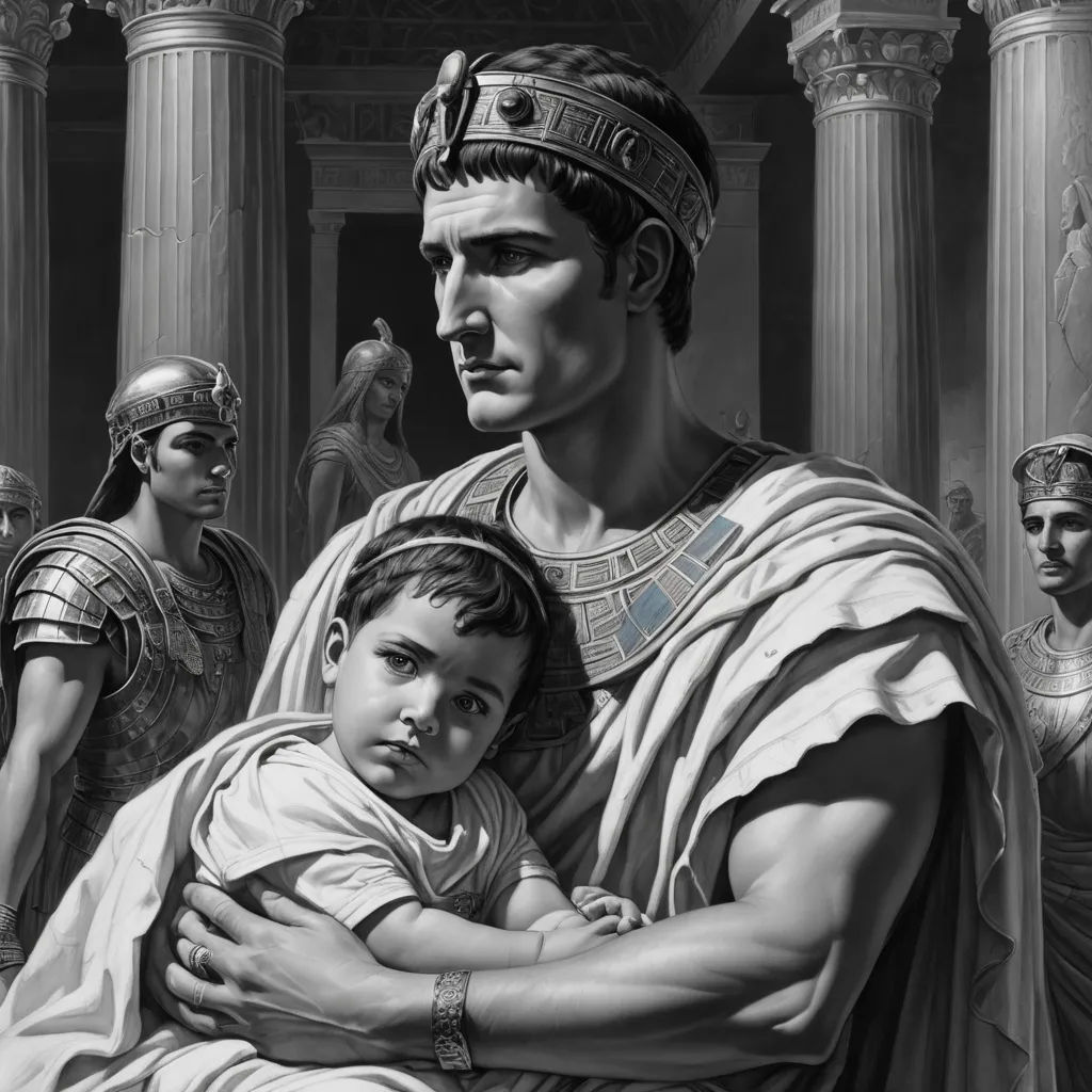 a painting of a man holding a child in his arms with other men behind him and a statue of a man in the background, classical realism, an ultrafine detailed painting, Donato Giancola, classical painting