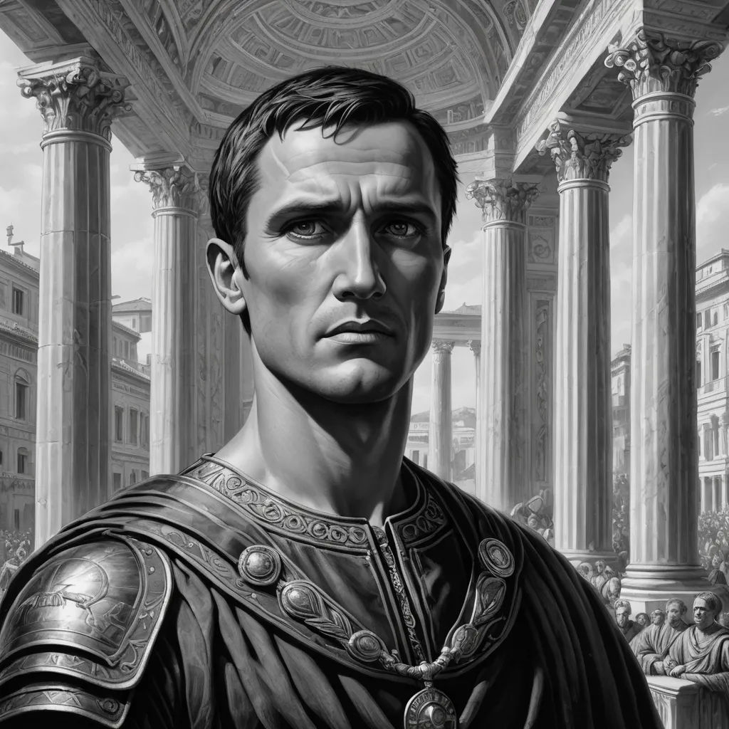 a man in a roman costume standing in front of a building with columns and columns on it's sides, classical realism, an ultrafine detailed painting, David Palumbo, highly detailed portrait