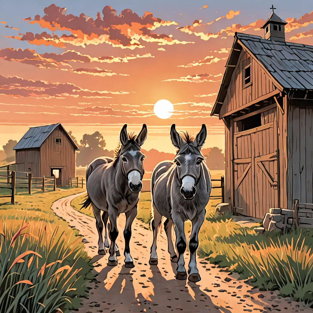 two horses walking down a dirt road near a barn at sunset with a barn in the background and a barn in the foreground, american scene painting, a comic book panel, Brothers Hildebrandt, western comic book art