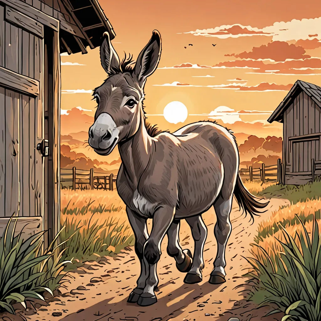a donkey is walking down a dirt path near a barn at sunset with a barn in the background and a bird flying overhead, american scene painting, a comic book panel, Douglas Shuler, western comic book art