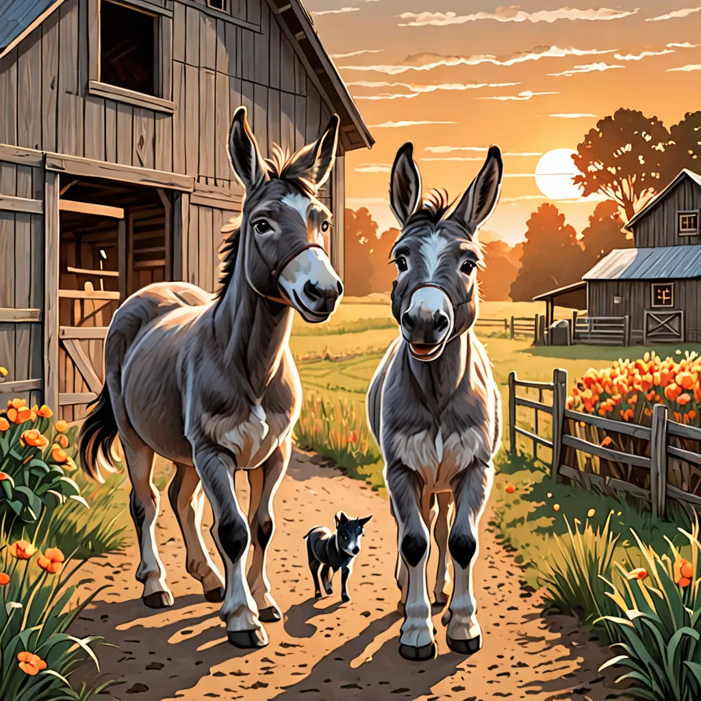 two donkeys walking down a dirt path next to a barn and a dog on a farm at sunset, american scene painting, a storybook illustration, Brothers Hildebrandt, highly detailed digital painting