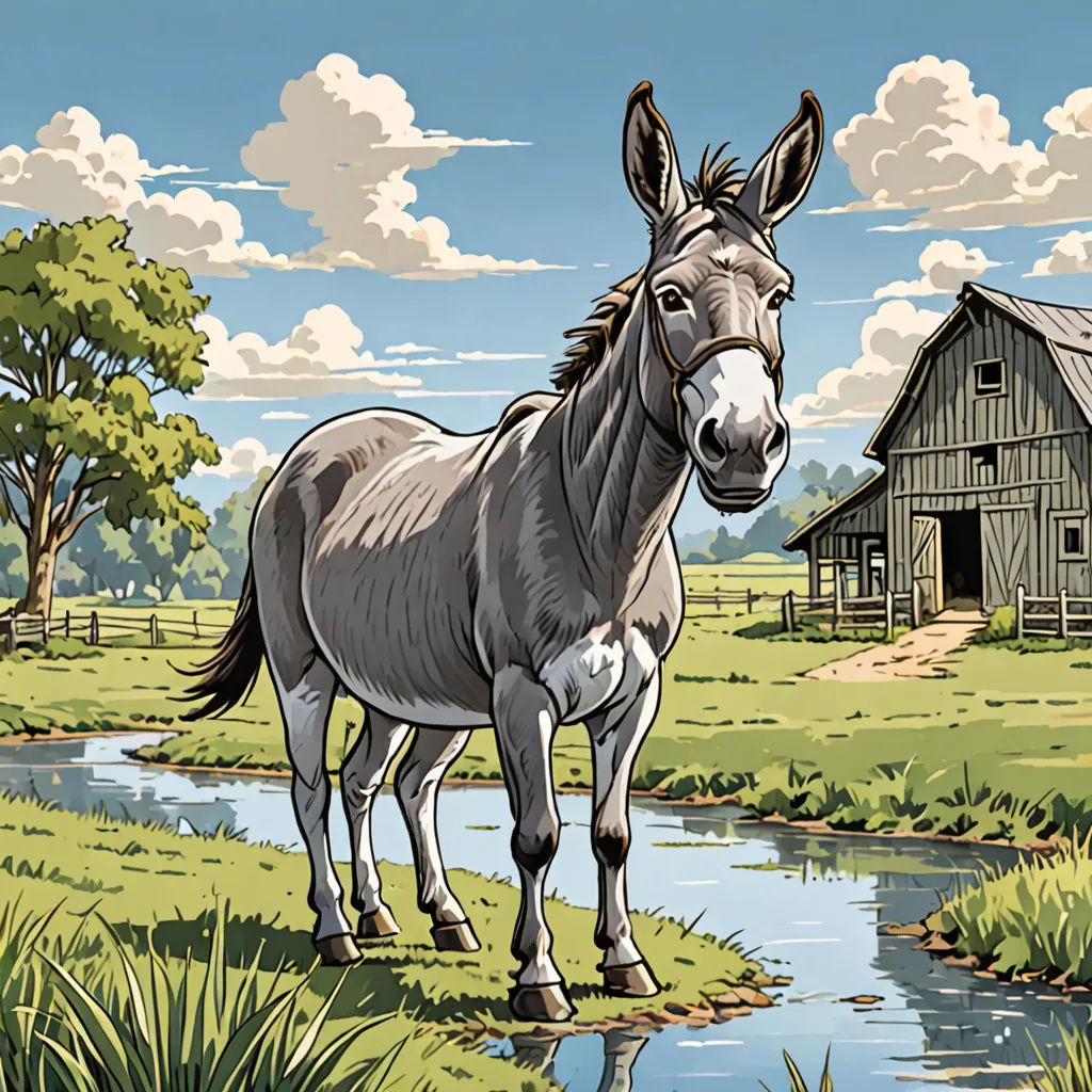 a horse standing in a field next to a river and a barn with a sky background and clouds in the sky, american scene painting, a storybook illustration, Chris Ware, storybook illustration