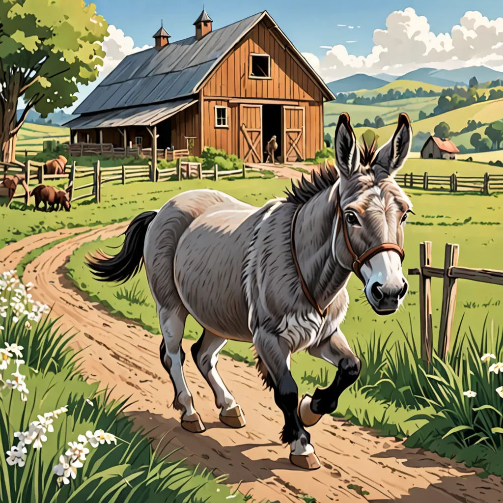 a horse running down a dirt road near a barn and a fence with a horse in the background and a cow in the foreground, american scene painting, a storybook illustration, Brian Despain, western comic book art