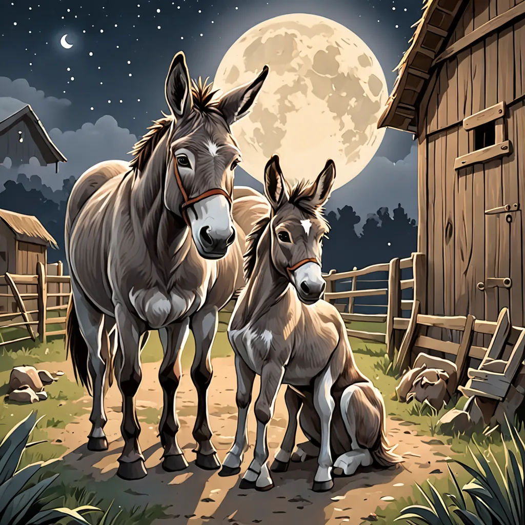 a painting of two donkeys standing in front of a barn at night with the moon in the background, naive art, a storybook illustration, Andries Both, storybook illustration